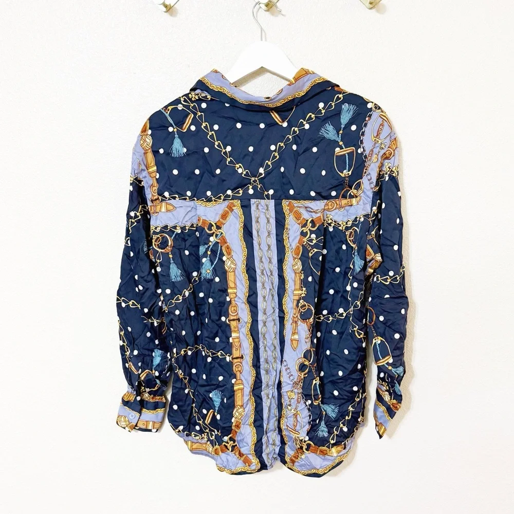 Maje Cechaine Satin Effect Button Up Blue Rope Chain Printed Blouse NEW US 6 - Picture 8 of 11